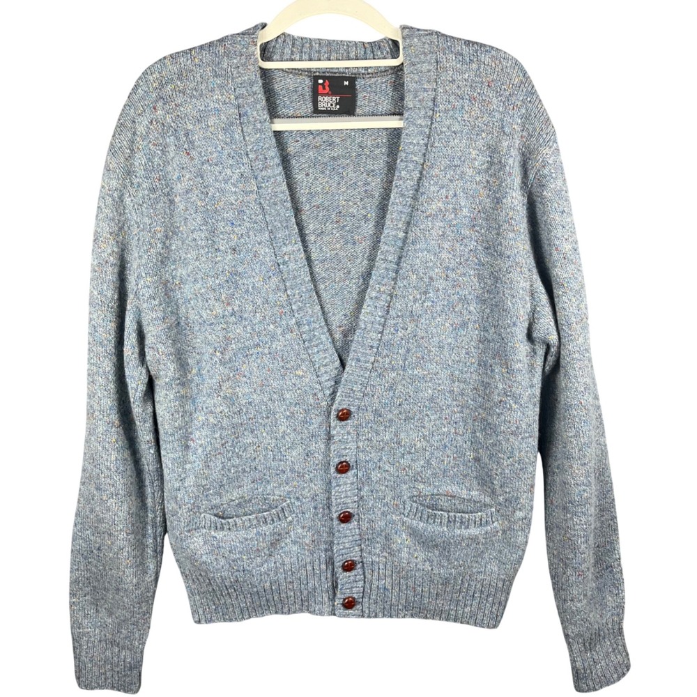 Robert Bruce Cardigan Sweater Mens M Blue Flecked Knit V-Neck Button Front USA